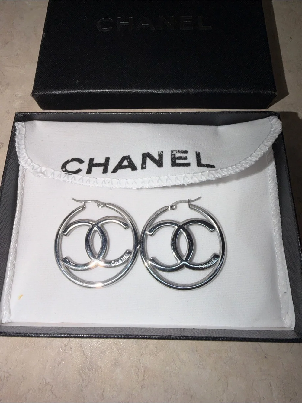 Chanel Silver-Tone CC Hoop Earrings